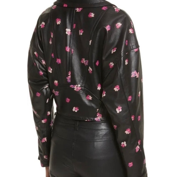 Rebecca Taylor Floriana Black Leather Jacket, Cropped, Pink Flower Print, Sz 2 - Picture 3 of 16